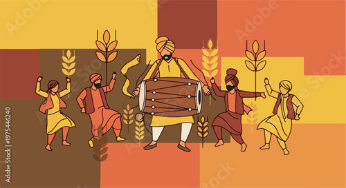 A vibrant illustration of a Punjabi festival celebration with people dancing and a man playing the dhol drum.