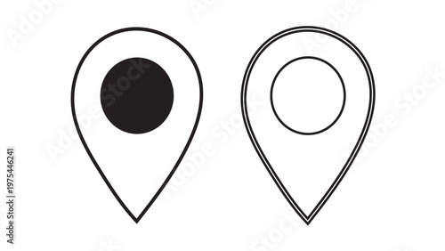 Minimalist black and white vector location pin icons, one solid and one outlined, for map navigation, GPS tracking, and digital design.