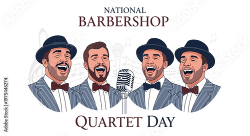 Celebrating National Barbershop Quartet Day with a vector illustration featuring a male vocal quartet harmonizing around a vintage microphone, set against a clean white background