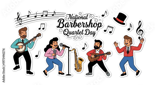 Celebrating national barbershop quartet day with a vector illustration of a cappella singers in harmony, complete with musical notes and a saxophone against a clean white background