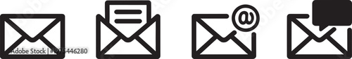 Collection of four black and white representing different email communication states including a closed envelope an open envelope with paper an