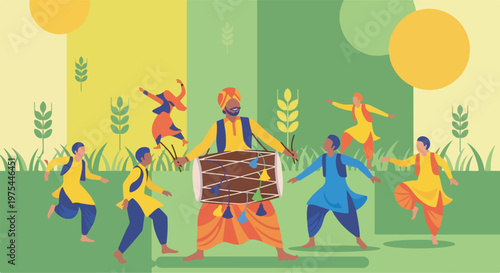 A vibrant illustration depicts a group of people joyfully celebrating a harvest festival with traditional music and dance.
