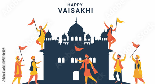 Happy Vaisakhi celebration with people dancing and holding flags in front of a Sikh temple.