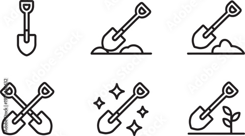Collection of six simple line depicting shovels in various gardening and digging related actions and scenarios with a clean white background