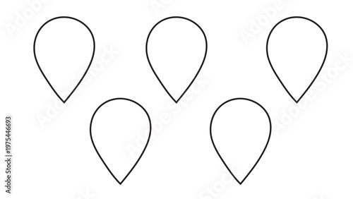 Five minimalist black outline teardrop shapes arranged on a clean white background, perfect for graphic design elements, icons, or abstract patterns.