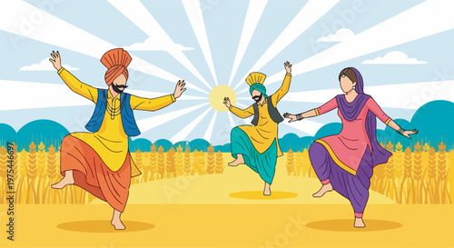 Three people in traditional Punjabi attire joyfully dancing in a wheat field under a bright sun.