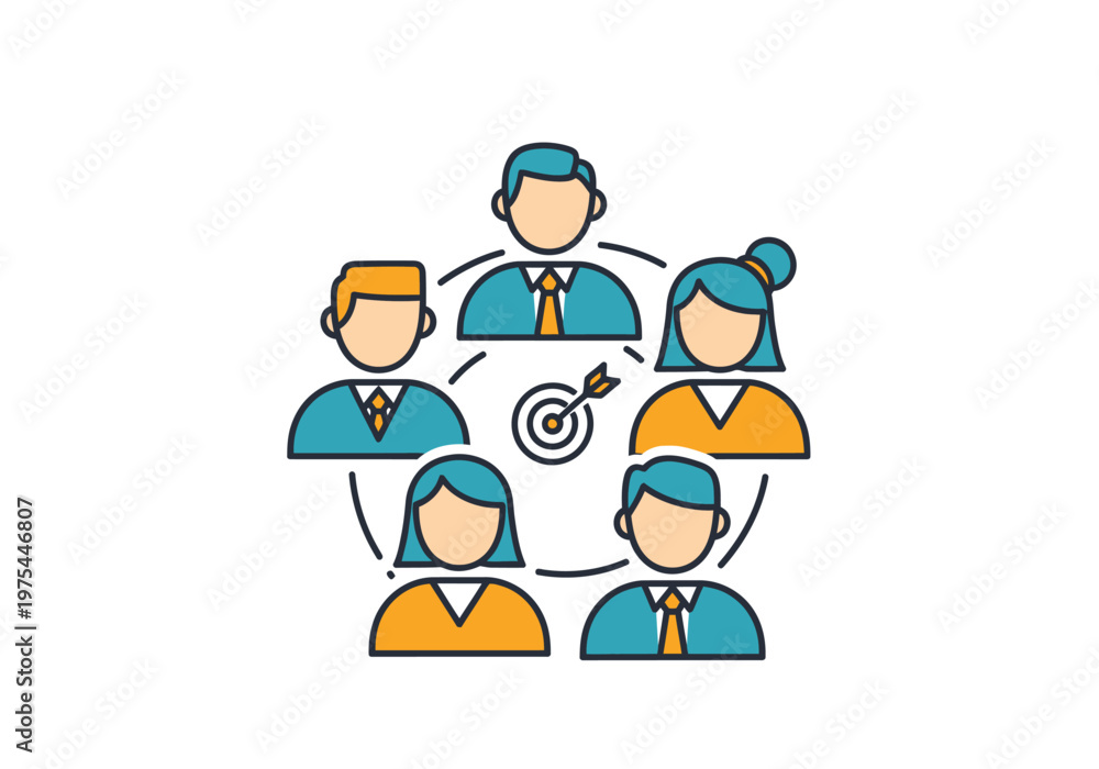 Fototapeta premium A group of six diverse people icons aiming at a target together