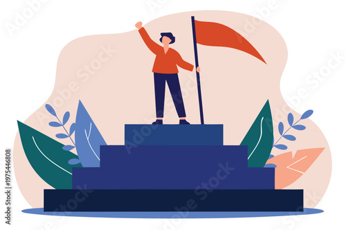 A person celebrates victory atop a tiered platform with a flag