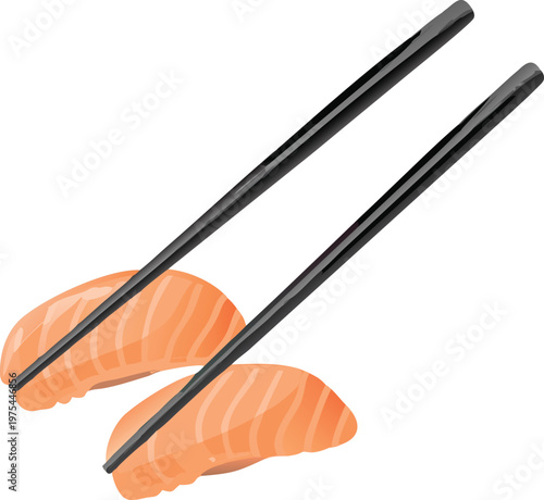 Two pieces of salmon sashimi held with black chopsticks