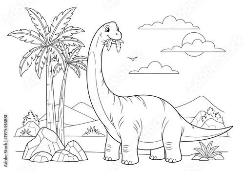 Принти на полотні Cute cartoon brachiosaurus dinosaur eating leaves in a prehistoric landscape wit