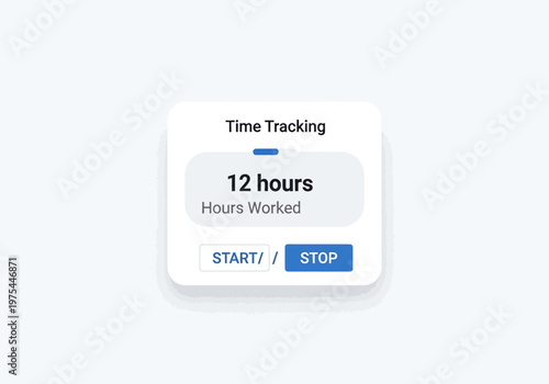 A digital time tracking interface displays 12 hours worked on a computer screen with start and stop buttons.
