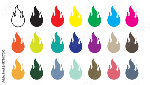 Vibrant collection of twenty diverse flame icons, featuring outline and solid fill designs in a wide spectrum of colors.