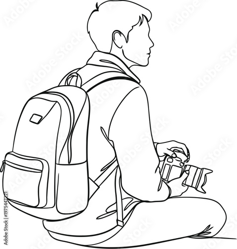 Sketch of a person with a backpack sitting and holding a camera