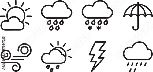 Eight black outline representing various weather conditions including sun behind clouds rain snow umbrella wind and lightning on a white background