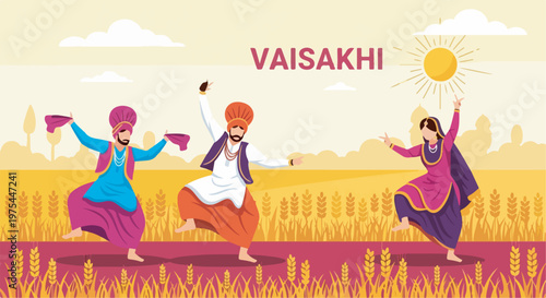Vaisakhi celebration with people dancing in traditional Punjabi attire amidst a wheat field under a bright sun.