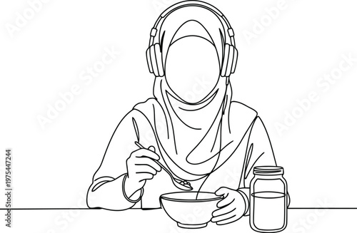 Sketch of a muslim woman wearing headphones and eating breakfast