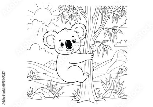 Canvas Print Cute cartoon koala climbing on a tree in the forest, coloring page for kids, vec