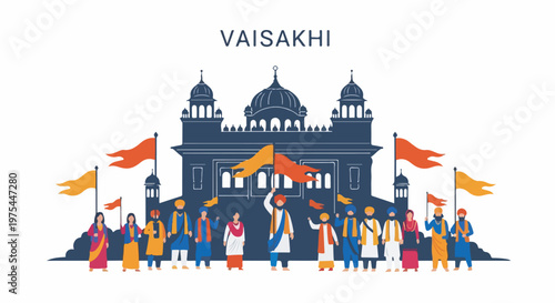 Vaisakhi celebration illustration featuring a Sikh temple and a diverse group of people holding flags.