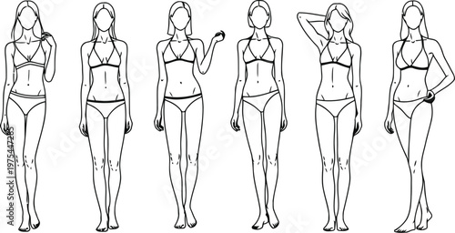 Six diverse women in swimwear sketched in a minimalist line art style