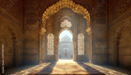 A stunning view of an ancient mosque's intricate arches and ornate architecture with sunlight streaming through