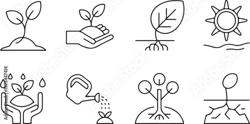 plant growth icons set line art gardening symbols