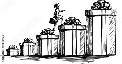 Woman climbing stairs made of gift boxes towards success and opportunity