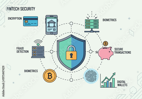 Fintech security concept with shield and icons on screen display
