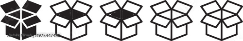 Five black and white representing open cardboard boxes in various styles and levels of detail for shipping and packaging concepts Keywords: box