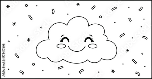 Cute smiling cloud character surrounded by falling dots illustration