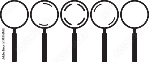 Five black magnifying glass with handles arranged horizontally on a white background displaying distinct lens patterns and outlines for search and