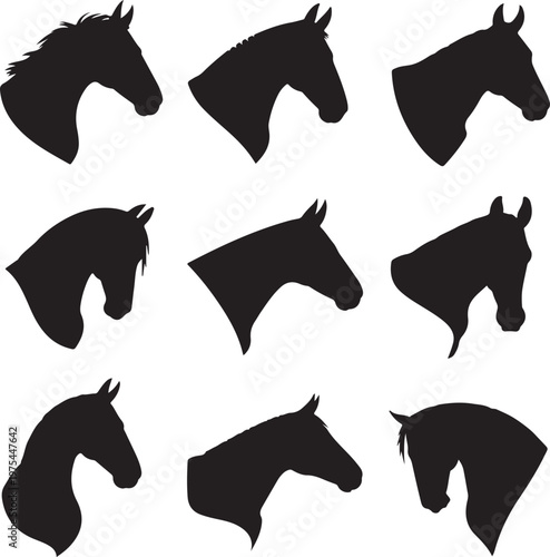 horse silhouette head icons grid black vector illustrations
