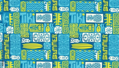 A vibrant and colorful summer patterned background with surfboards and tropical designs