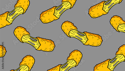 Mozzarella Sticks Pattern Design. Seamless Fried Cheese Illustration. Crispy Snack Repeating Motif. Handdrawn Fast Food Style. Background For Packaging Textile.