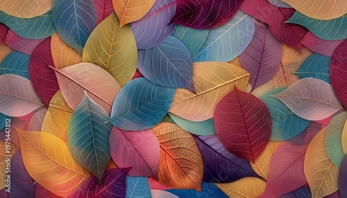 A vibrant and colorful arrangement of leaves in various shades and hues, overlapping and blending together in a natural and organic way.