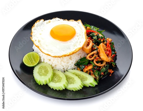 A vibrant Thai dish featuring rice, egg, and seafood