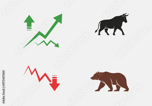 Market trends depicted by bull and bear icons with green and red arrows