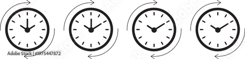 Four black and white clock with rotating arrows indicating the passage of time and different hour and minute hand positions on a white background