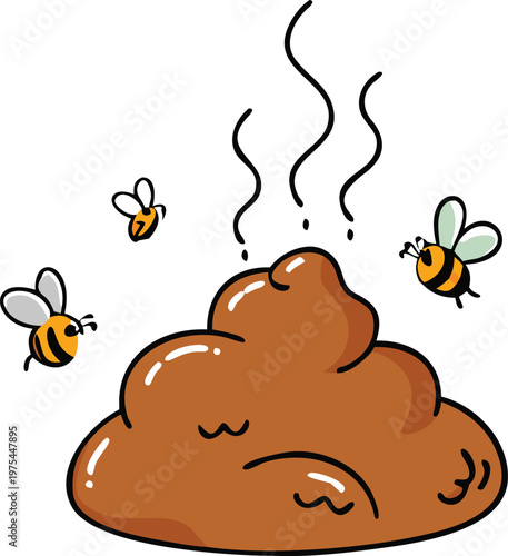 Cartoon illustration of bees flying around a pile of feces