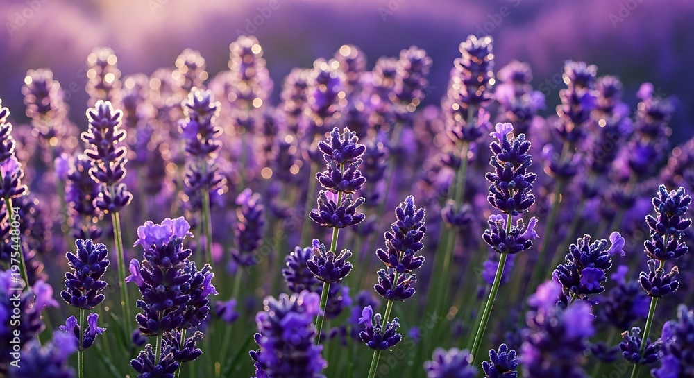 Naklejka premium Beautiful blooming purple lavender field at sunset.