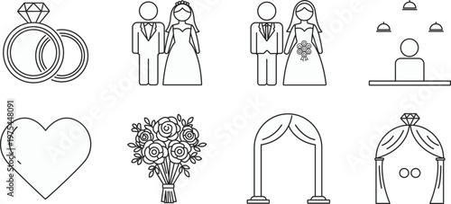 Wedding icons set isolated on transparent background rings couple heart bouquet and arch