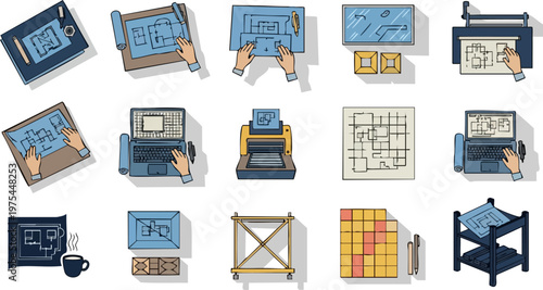 Engineering Blueprints and Drafting Tools in High Detail.