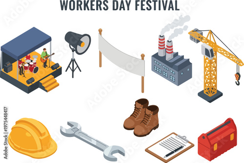 Celebration of Labor Day with industrial elements Music stage, factory, crane, tools, and safety gear