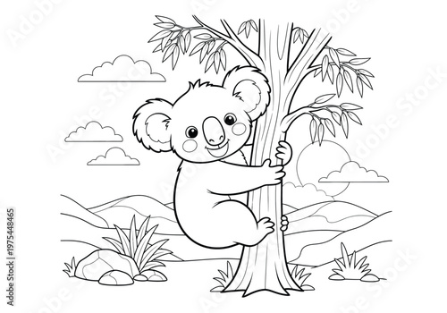 Cute cartoon koala climbing a eucalyptus tree in the australian outback, black and white line art coloring page for kids
