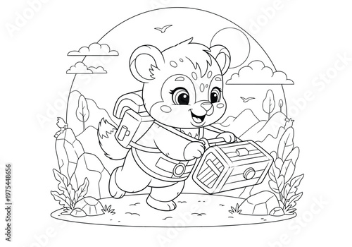 Cute cartoon animal explorer carrying a treasure chest, coloring page for kids, line art illustration of a little creature on an adventure in the mountains
