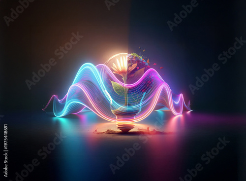 Double exposure art presents a vibrant plant enveloped by neon waves.