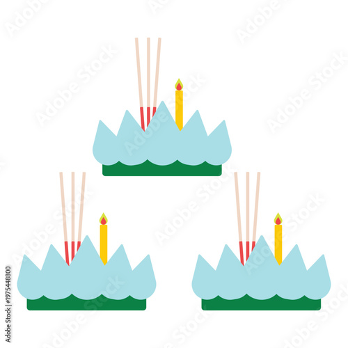 Loy Krathong festival, Thai tradition floating basket with candle and joss sticks on white background.