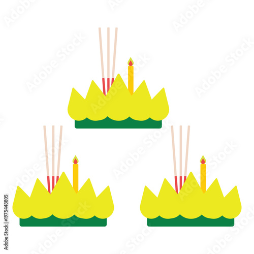 Loy Krathong festival, Thai tradition floating basket with candle and joss sticks on white background.