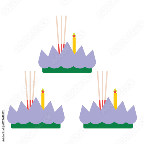 Loy Krathong festival, Thai tradition floating basket with candle and joss sticks on white background.