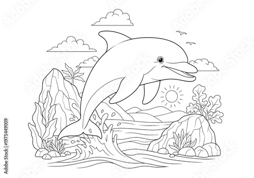 Coloring page for children with a cute dolphin jumping out of the water in a tropical landscape with mountains, sun, clouds, and plants