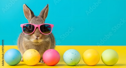 Cool easter bunny with sunglasses and colorful easter eggs